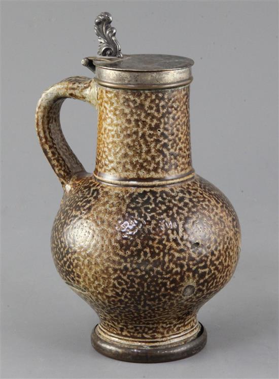 A 17th century saltglazed Rheinish tigerware flagon, with later plated hinged cover 21cm